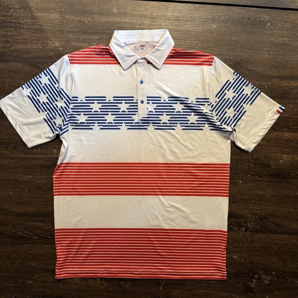 USAG U Suck At Golf Polo Shirt Mens XL Blue Red Flag Stripe Patriotic Dri Fit